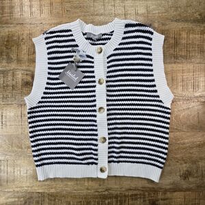 Marled Reunited Striped Knit Sweater Vest Cardigan White Navy L NWT